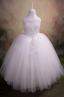 wedding photo - White Flower Girl Dress, First Communion Dress, Guipure Neckline Party Gown