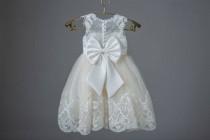 wedding photo - Ivory lace applique champagne tulle pretty wedding flower girl dress. W0010M