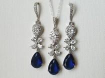 wedding photo -  Navy Blue Crystal Wedding Jewelry Set, Sapphire Teardrop Chandelier Earrings, Blue Crystal Pendant, Navy Cubic Zirconia Bridal Jewelry Set