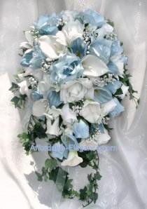 wedding photo - Light Blue & White Cascade Bridal Bouquet ~ Gorgeous Quality Real Touch Roses Calla Lilies Silk Wedding Flowers
