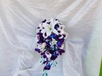 wedding photo - Cascading bridal bouquet, galaxy orchids, lilies, picasso calla lilies, blue hydrangea, teardrop bouquet, bouquet set,