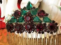 wedding photo - Vintage Hair Comb, Ruby Red Rhinestone Hair Comb, Vintage Hair Accessory, Rhinestone Hair Comb, Vintage Bridal Jewelry, Vintage Christmas
