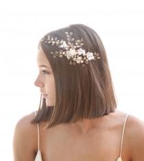 wedding photo - Rose Gold Wedding Headpiece with Ivory Flowers, Wired Blush Pink Hair Accerssory , Pink Crystals and Flowers Bridal Hair Vine