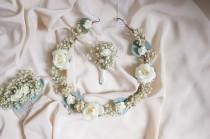 wedding photo - Baby's Breath & Eucalyptus Flower Crown Bridal Set, Baby's Breath Boutonniere,