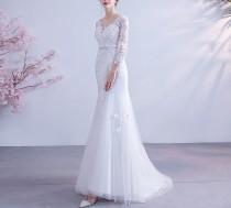 wedding photo - Beach Wedding Dress Tulle Lace Embroidery White Bridal Dress V Neck Zipper Court Train Bridal Gown Long Sleeve Mermaid Formal Prom Dresses