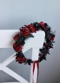 wedding photo -  Gothic wedding flower crown, Burgundy black crown, Wedding floral headpiece