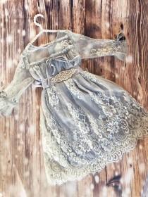 wedding photo - Gray flower girl lace dress,  vintage inspired Birthday dress , little girl romantic  lace dress, wedding dress.