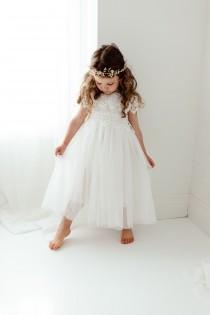 wedding photo - Boho White Lace Flower Girl Dress, Romantic Toddler Tulle Wedding Gown, Long Sleeve Rustic Crochet Bohemian