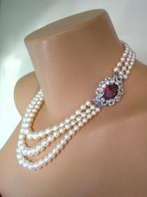 wedding photo -  Ruby Necklace, Pearl Choker, Mother of the Bride, Bridal Jewelry, Great Gatsby, 3 Strand, Ruby Choker, Wedding Jewelry, Art Deco, Downton