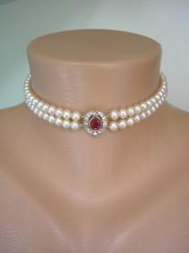 wedding photo -  Ruby and Pearl Choker, Attwood & Sawyer, Vintage Pearl Choker Necklace, 2 Strand Pearl Choker, Cream Pearls, Indian Bridal Jewellery, Deco