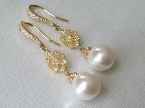 wedding photo -  Gold Pearl Bridal Earrings, Swarovski White Pearl Chandelier Earrings, Wedding Pearl Jewelry, Pearl Dangle Bridal Earrings, Wedding Jewelry