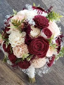 wedding photo - Burgundy and blush bouquet,  sola flower bouquet,  wooden wedding flowers,  wine and blush,  English rose bouquet