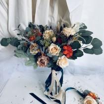 wedding photo - Wedding boho bouquets, silk roses wedding bouquets, bridesmaids bouquets, rustic bouquets, rust orange silk flowers boho wedding bouquets