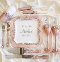 wedding photo - Quinceanera cake cutting set pink quinceanera glass rose, toasting flutes, glasses for bride and groom