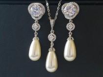 wedding photo -  Pearl Bridal Jewelry Set, Swarovski Ivory Pearl CZ Earrings Necklace Set, Teardrop Pearl Chandelier Earrings, Single Pearl Silver Pendant