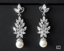wedding photo -  Pearl Bridal Chandelier Earrings, Wedding Pearl Jewelry, Swarovski White Pearl Leaf Cluster Earrings, Marquise Earrings, Statement Earrings