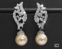 wedding photo -  Pearl Bridal Earrings, Swarovski Ivory Pearl Earrings, Wedding Pearl Cubic Zirconia Earrings, Bridal Silver Jewelry, Pearl Sparkly Earrings
