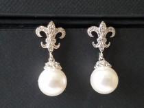 wedding photo -  Pearl Fleur De Lis Earrings, Swarovski White Pearl Bridal Earrings, Fleur de lis Pearl Silver Earrings, Royal Wedding Pearl Dangle Earrings