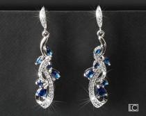 wedding photo -  Navy Blue Bridal Earrings, Wedding Blue Crystal Earrings, Bridal Blue Silver Earrings, Floral Dangle Crystal Earrings Wedding Bridal Jewelry