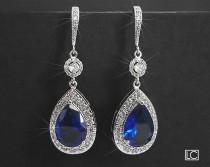 wedding photo -  Navy Blue Crystal Earrings, Sapphire Blue Cubic Zirconia Earrings, Blue Silver Teardrop Earrings, Blue Chandelier Dangle Wedding Earrings