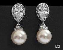 wedding photo -  Bridal Pearl Earrings, Swarovski 10mm White Pearl Earrings, Pearl Silver Wedding Earrings, Bridal Bridesmaids Jewelry Classic Pearl Earrings