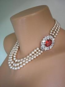 wedding photo -  Pearl And Ruby Necklace, James Walker Pearls , Pearls With Side Clasp, Vintage Pearl Choker, Bridal Jewelry, Wedding Jewelry, Art Deco