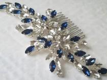 wedding photo -  Navy Blue Clear Crystal Bridal Hair Comb, Blue Rhinestone Hair Piece, Dark Blue Crystal Floral Headpiece, Blue Hair Jewelry, Wedding Comb