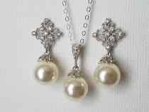wedding photo -  Bridal Pearl Jewelry Set, Swarovski Ivory Pearl Earrings Necklace Set, Pearl Drop Silver Bridal Set, Wedding Earrings, Ivory Pearl Pendant