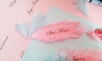 wedding photo - Light Pink Feather place cards - Handmade of iridescent Pink paper, Name Printing Included