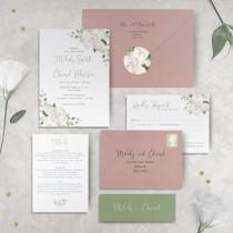 wedding photo - Blush Wedding Invitation - Set SAMPLE invites with matching RSVP belly band and envelopes. Pink Grey Invitations Floral Rustic