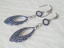 wedding photo -  Blue Silver Long Earrings, Sapphire Blue Crystal Earrings, Cobalt Blue CZ Teardrop Earrings, Royal Blue Jewelry, Blue Leaf Dangle Earrings