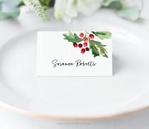 wedding photo - Watercolor Holly Place Cards , Christmas Escort Cards, Christmas Place Cards, Escort Cards-Printable Place Cards, Xmas Name Cards, SN012C_PC