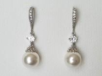 wedding photo -  Pearl Bridal Earrings, Swarovski White Pearl Silver Earrings, Wedding Pearl Dangle Earrings, Pearl Bridal Jewelry, Pearl Chandelier Earrings