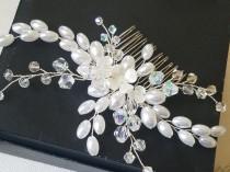 wedding photo -  Bridal Hair Comb, Wedding White Pearl Crystal Hair Piece, Crystal Pearl Silver Headpiece, Bridal Hair Jewelry, Pearl Crystal Floral Comb