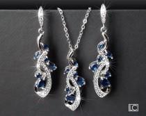 wedding photo -  Navy Blue Bridal Jewelry Set, Blue Zirconia Earrings&Necklace Set, Wedding Jewelry Set, Sapphire Crystal Set Chandelier Earrings Pendant Set
