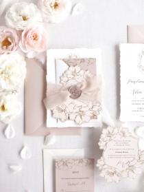 wedding photo - Nude Wedding Invitation, Rose Floral Wedding Invitation, French Provence Invitation, Floral Monogram, Deckled Edge, Torn Edge