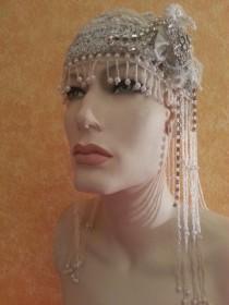 wedding photo - Gatsby 20's Style Waterfall Beaded Lace Crystal Flapper Headpiece Hat Bridal Wedding Costume Party Theatrical Burlesque/More Colors Avail .