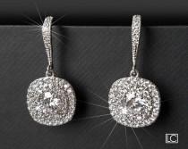 wedding photo -  Crystal Bridal Earrings, Wedding Cubic Zirconia Halo Earrings, Square Crystal Earrings, Sparkly Earrings, Bridal Jewelry, Wedding Jewelry