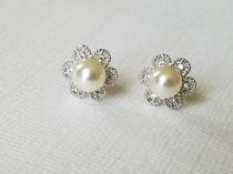 wedding photo -  Pearl Bridal Earring Studs, Swarovski Ivory Pearl Silver Earrings, Wedding Pearl Earrings, Dainty Pearl Flower Earrings Pearl Bridal Jewelry
