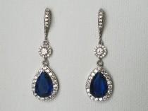 wedding photo -  Blue Crystal Bridal Earrings, Wedding Sapphire CZ Halo Teardrop Earrings, Royal Blue Silver Dangle Earrings, Dark Blue Statement Earrings