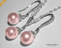 wedding photo -  Pink Pearl Jewelry Set, Swarovski 8mm Rosaline Pearl Earrings&Necklace Set, Blush Pink Small Pearl Bridal Set, Bridesmaids Jewelry Gift