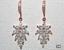 wedding photo -  Rose Gold Cubic Zirconia Earrings, Cluster Leaf Crystal Earrings, Pink Gold Leaves Dangle Earrings Bridal Jewelry Rose Gold Wedding Jewelry