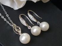 wedding photo -  White Pearl Bridal Jewelry Set, Swarovski Pearl Drop Earrings&Necklace Set, Sterling Silver Pearl Wedding Set, Pearl Earrings, Pearl Pendant