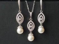 wedding photo -  Pearl Bridal Jewelry Set, White Pearl Silver Wedding Set, Swarovski Pearl Earrings Necklace Set, Pearl Bridal Earrings, Bridal Pearl Pendant