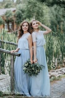 Sand Glitter Separates: Dusty Blue Waterfall Tulle Skirt and Ivory Sand Glitter Crop Top with Light Grey Silk Under top - 3 pieces set wedding photo - Sand Glitter Separates: Dusty Blue Waterfall Tulle Skirt and Ivory Sand Glitter Crop Top with Light Grey Silk Under top - 3 pieces set