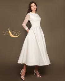 Short Satin Wedding Dress Long Sleeves, Tea Length Minimalist Wedding Dress Modest wedding photo - Short Satin Wedding Dress Long Sleeves, Tea Length Minimalist Wedding Dress Modest