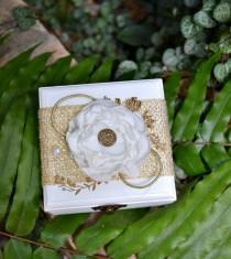 wedding photo -  Gold Ring Box Wedding, White Ring Bearer Box with Gold and Flower Fabric, Delicate wooden alliance holder box, Glamour Wedding Ceremony