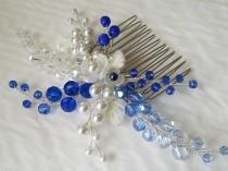 wedding photo -  Blue Crystal White Pearl Hair Comb, Sapphire Blue Hair Piece, Wedding Headpiece, Blue Crystal Pearl Floral Hairpiece Blue White Hair Jewelry