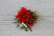 Greenery Christmas flower clip, Winter wedding headpiece, Poinsettia hair clip wedding photo - Greenery Christmas flower clip, Winter wedding headpiece, Poinsettia hair clip
