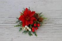 wedding photo - Greenery Christmas flower clip, Winter wedding headpiece, Poinsettia hair clip